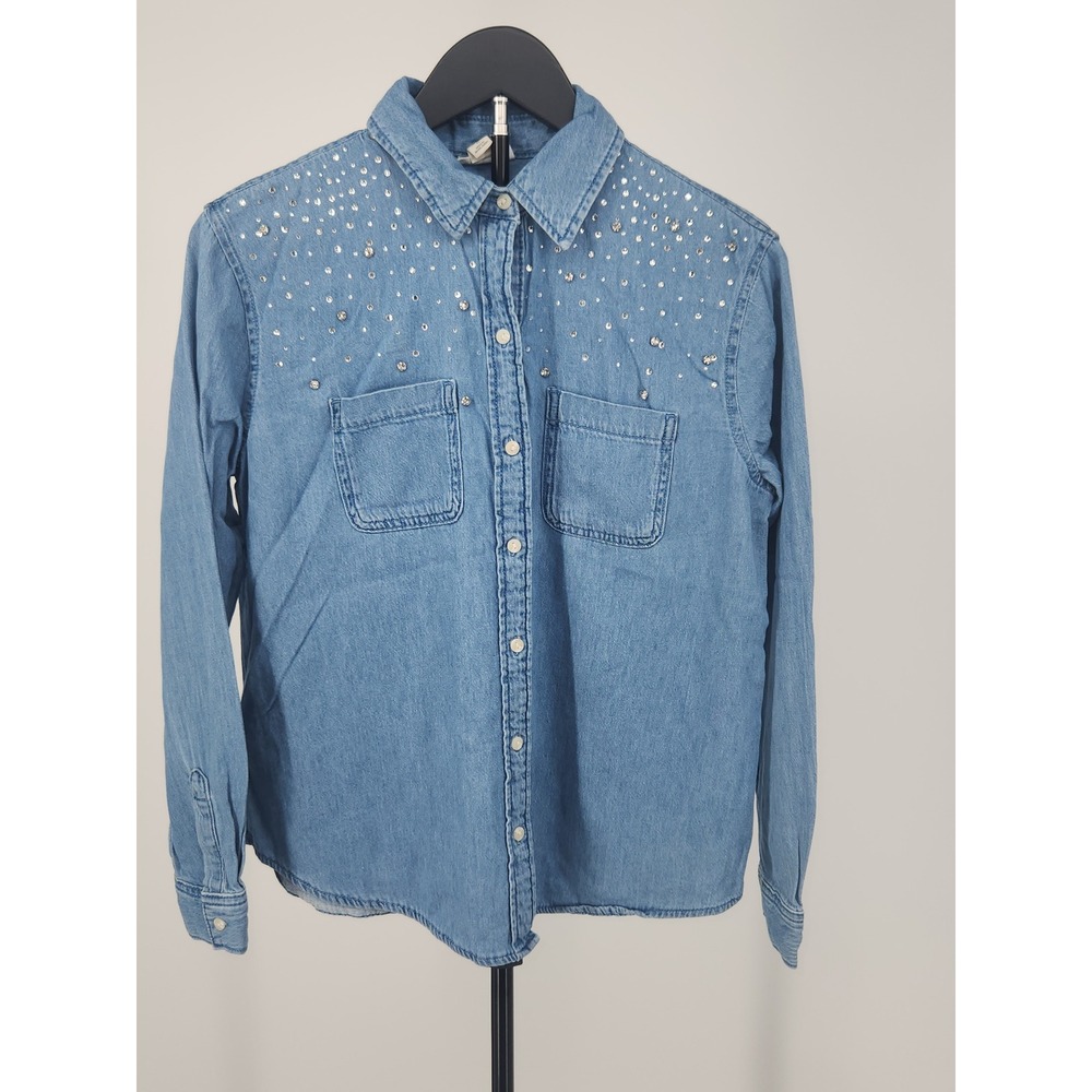 a.n.a a new approach Denim Rhinestone Button Down Shirt Light Wash Blue XS